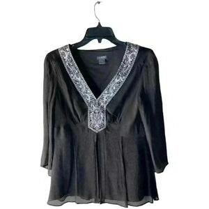 Ann Taylor 100% Silk Women's Brown V Neck Lined Shirt Long Sleeves Top Size 6